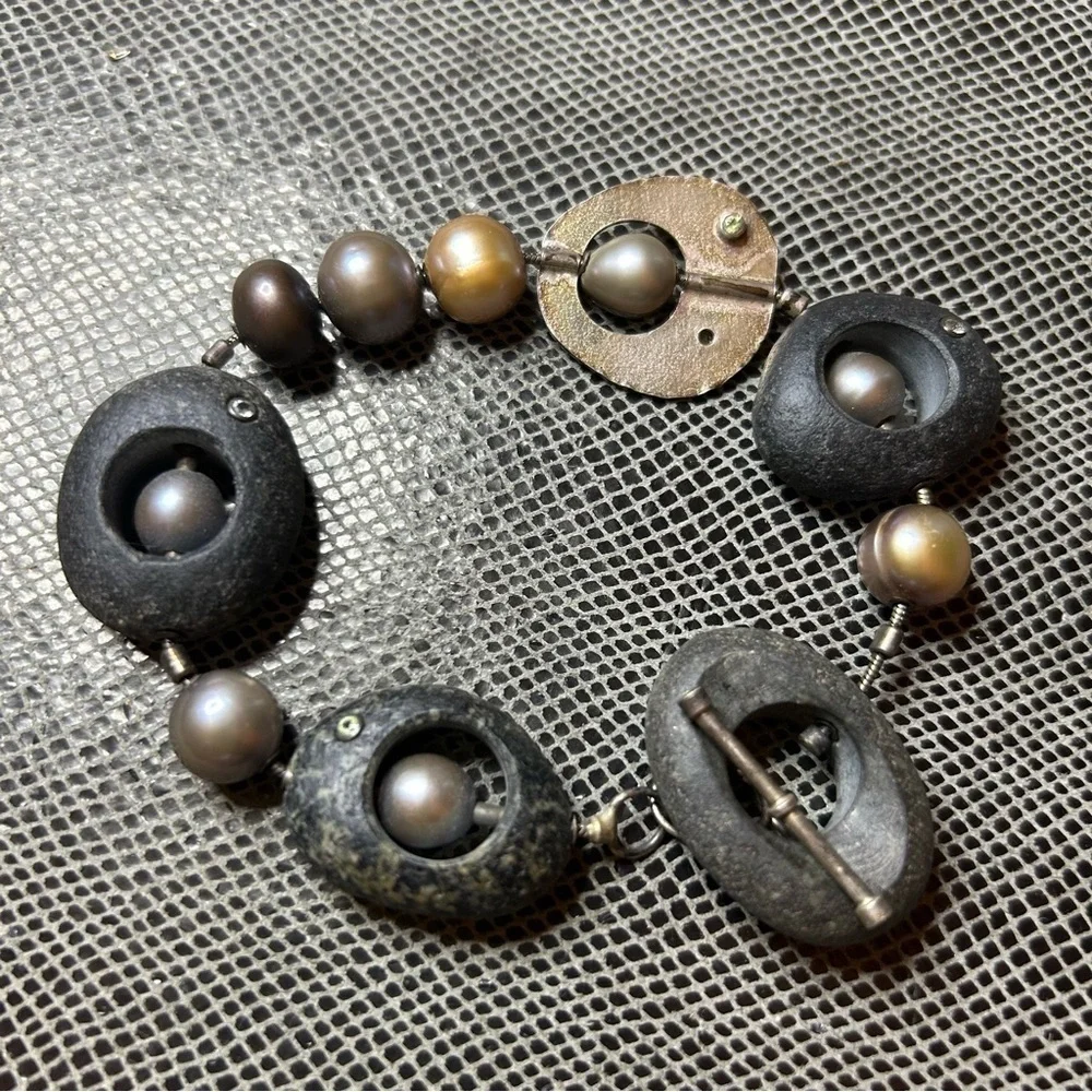 Finely Crafted Found Beach Rocks and Multi Colored Pearls and Gem Stones - Picture 2 of 5